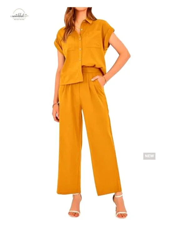 Large Polyester Tracksuit Set Loose Fit Button Down Top Wide Leg Pants - Picture 3 of 7